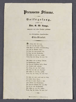 "Preussens Stimme. - Volksgesang, gedichtet v. Dr. K. W. Lange, componirt und allen Preußen gewidmet von dem Königlichen Kapellmeister Otto Nicolai.“