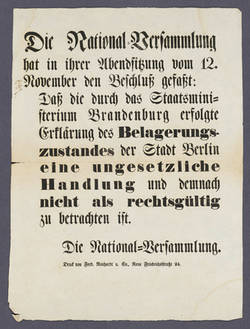 Bekanntmachung betreffend die Erklärung des Belagerungszustandes von Berlin - Maueranschlag