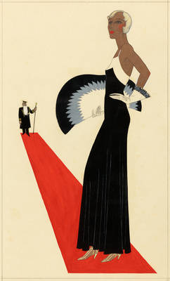 Modezeichnung: Dame im Abendkleid mit großem Fächer auf einem roten Teppich