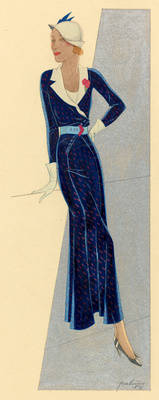Modezeichnung: Figurine in blauem Kleid mit weißer Garnitur und Hut vor silberfarbenem Hintergrund