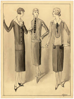 Modezeichnung im Atelier WKS von Rudolf Förster, Drei Damen in Tageskleidern