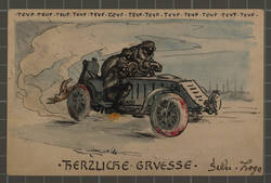 Eigenhändig geschriebene Postkarte mit Handzeichnung vom Maler und Illutrator Josef Loga an die Geheimrätin Dohme.