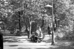 Bürger sitzen auf Bänken einer Parkanlage in der Sonne