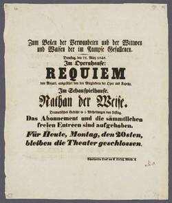 Annonce: Aufführung von Mozarts "Requiem" im Opernhaus und "Nathan der Weise" im Schauspielhaus zu Berlin