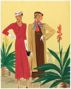 Modenzeichnung: Zwei Damen in Nachmittagskleidern auf einer Balustrade mit Pflanzen