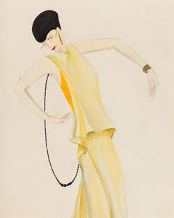 Figurine mit zweiteiligem, ärmellosen Anzug in zwei verschiedenen Gelbtönen, Dreiviertelfigur