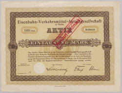 Aktie der Eisenbahn-Verkehrsmittel-Aktiengesellschaft Berlin über eintausend Mark, Nr.: 38649