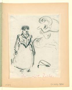 Zwei Skizzen: Frau im Mantel, Frontalansicht sowie Frau mit extravagantem Hut, Profil
