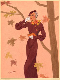 Modezeichnung: Eine Dame in Herbstlandschaft
