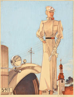 Modenzeichnung: Dame in leichtem Mantel neben einem Automobil