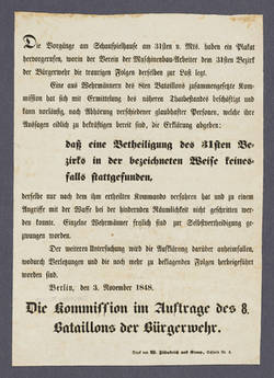 Bekanntmachung der "Kommission im Auftrage des 8. Bataillons der Bürgerwehr" - Flugblatt