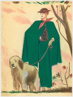 Modenzeichnung: Damemit Hund in grünem Cape und Rock