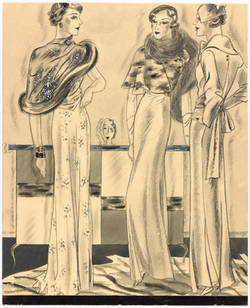 Modenzeichnung: Damengesellschaft in Abendkleidung, drei Figurinen