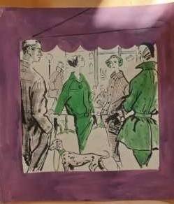 Zwei Varianten einer Entwurfszeichnung: Drei Damen und ein Herr in modischer Kleidung vor einem Café, Modezeichnung