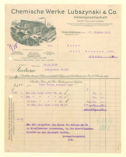 Faktura der Firma Chemische Werke Lubszynski & Co. an Otto Bemmann, Kolw., Flöha 
