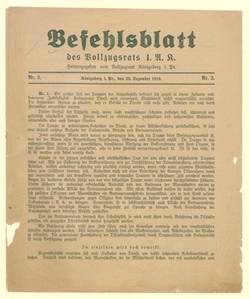 "Befehlsblatt des Vollzugrats I. A.K. [...] Königsberg i. Preußen, den 23. Dezember 1918. Nr. 3."