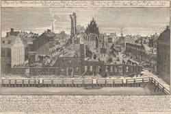 Prospect des Ruins, welchen der durch einen Blitzstrahl entzündete Petrithurm zu Berlin so wol an der Kirche, als denedabey stehenden Gebaeuden am 2ten Pfingsttag des 1730sten Jahres Abends um 9 Uhr verursachet.