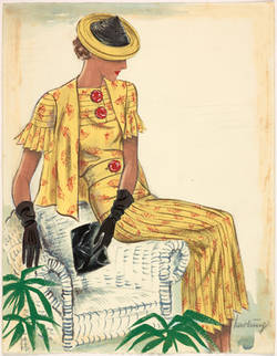 Modenzeichnung: Dame in gelbem Nachmittagskleid mit Jäckchen