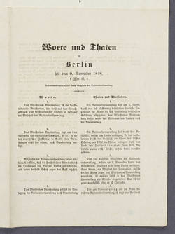 Flugschrift: "Worte und Thaten in Berlin seit dem 9. November 1848. Nebeneinandergestellt von einem Mitgliede der Nationalversammlung"