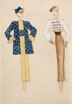 Frühe Entwurfszeichnung, Zwei Figurinen im Kostüm;