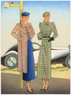 Modenzeichnung: Zwei Damen in Tageskleidern an einer Haltestelle