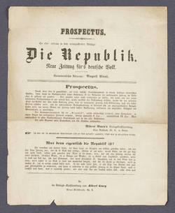 Ankündigung des Erscheinens einer neuen Zeitung mit dem Titel: "Die Republik. Neue Zeitung für's deutsche Volk."
