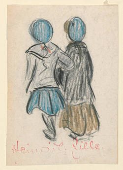 Zwei Mädchen mit blauen Mützen in Rückenansicht