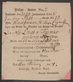 Einquartierungsschein für Kgl. Lieut. v. Tesmar bei Witwe Kaufmann in der Poststr. 12