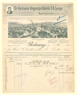 Rechnung der Dr. Geitner`s Argentanfabrik F.A. Lange an Fima Beutenmüller & Co. in Bretten in Baden.