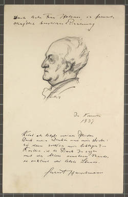 Eigenhändig geschriebene Karte mit Handzeichnung eines Porträts des Dramatikers und Schriftstellers Gerhart Hauptmann.