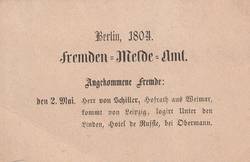 Das "Fremden-Melde-Amt" kündigt die Ankunft von Friedrich Schiller am 2. Mai 1804 in Berlin an.