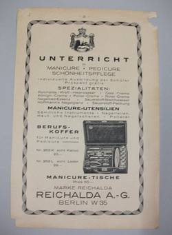 Zwei Werbeanzeigen aus der Schönheitspflege (Reichalda & Ferd. Müller's Privat-Frisierschule);