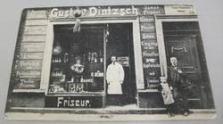 Postkarte mit Fotografie des Frisiersalons von Gustav Dintzsch in Zwickau
