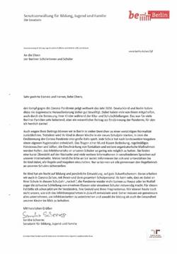 Elternbrief der Berliner Senatorin für Bildung, Jugend und Familie zum Schulstart 2020/21;