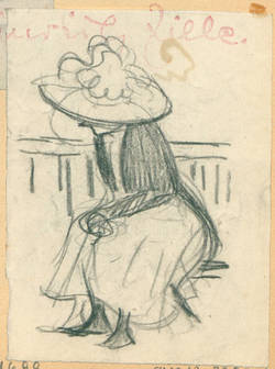 Auf einer Bank sitzende Frau mit großem Hut