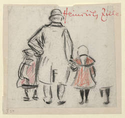 Mann mit zwei kleinen Mädchen an den Händen (Rückansicht)
