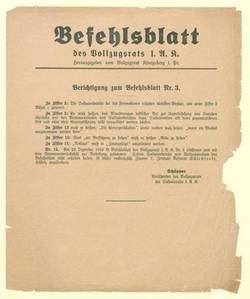 Befehlsblatt des Vollzugrats Königsberg i. Pr. mit Berichtigungen zum Befehlsblatt Nr. 3.