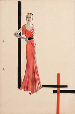 Frühe Entwurfszeichnung, rotes Kleid mit asymmetrischer Drapierung;