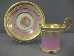 Tasse mit Lithophanie-Boden und Unterschale, gold-rosa Dekor;
