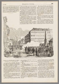 Zusammenstoß des Volkes u. der Truppen auf dem Dönhofplatz zu Berlin am 27.April 1849