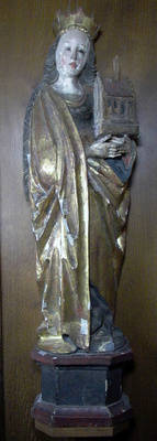 Weibliche Heilige (Barbara oder Gertrud), Figur eines Retabels aus der Kirche in Burghagen