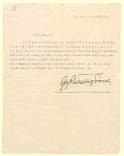 Zeugnis für den Diener Franz Broszeit, im Dienst vom Frühjahr 1923 bis zum 1.1925 im Dienst der Mutter des Grafen Eulenburg in Prassen stand.
