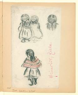 Studienblatt mit drei Mädchenfiguren und einem Kopf