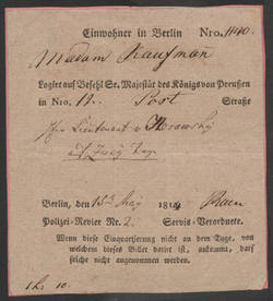 Einquartierungsschein für Herrn Lieutnant v. Horawsky bei Madam Kaufman in der Poststr. 12