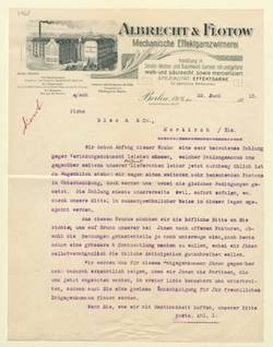 Brief der Firma Albrecht & Flotow, Firma für Mechanische Effektgarnzwirnerei