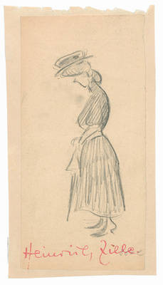 Junge Frau mit Hut und Schirm, Seitenansicht