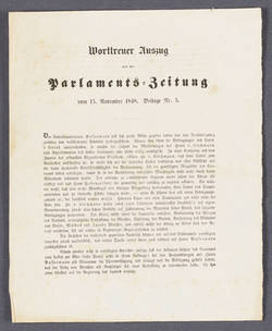 "Worttreuer Auszug aus der Parlaments-Zeitung vom 15. November 1848."