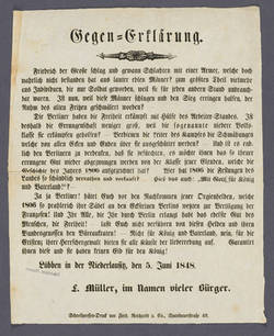 „Gegen-Erklärung“ von L. Müller, im Namen vieler Bürger. Aufruf an die Kämpfer von 1848