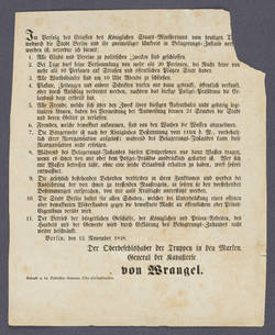 Bekanntmachung des General von Wrangel betreffend die Belagerung von Berlin - Maueranschlag