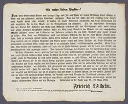 "An meine lieben Berliner!" - Proklamation von Friedrich Wilhelm IV. - Flugschrift